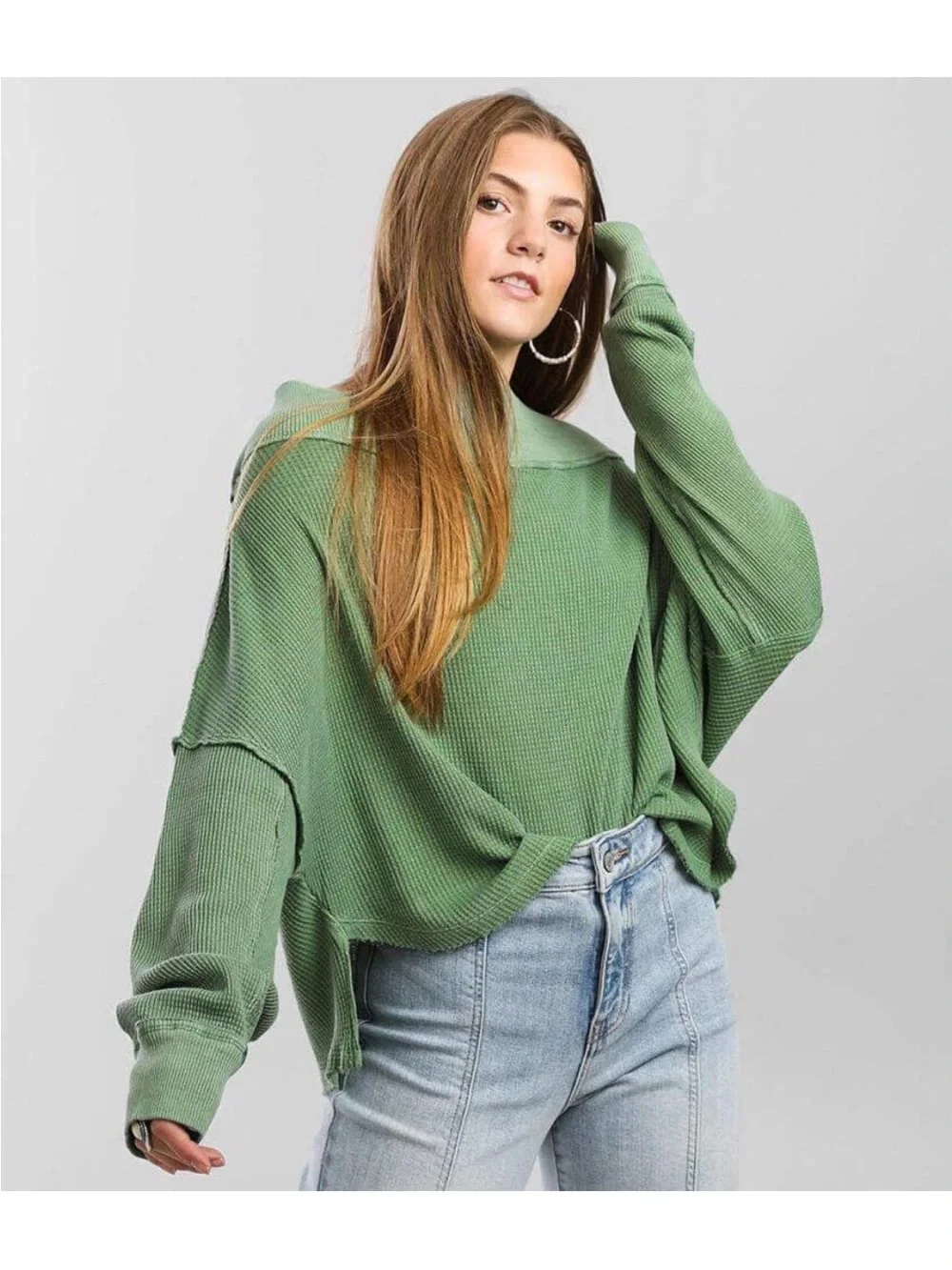 We the Free Free People Close To You Cotton Waffle Knit Top In Cool Moss Green